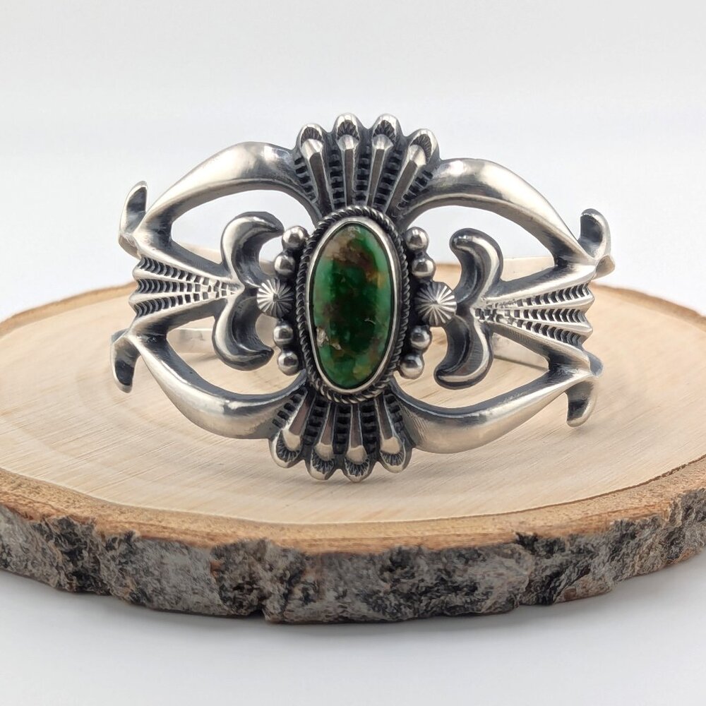 Handmade Native American Green Turquoise Cuff Bracelet Sterling Silver Sz 6.75**